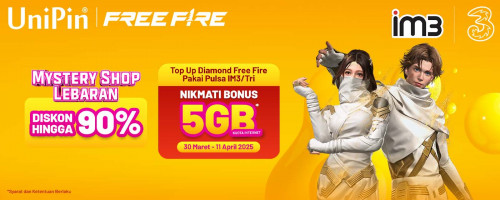 Diskon hingga 90% di Mystery Shop – Ambil Ekstra Bonus Kuota Internet hingga 5GB dengan Top Up Free Fire Pakai Pulsa IM3/Tri!